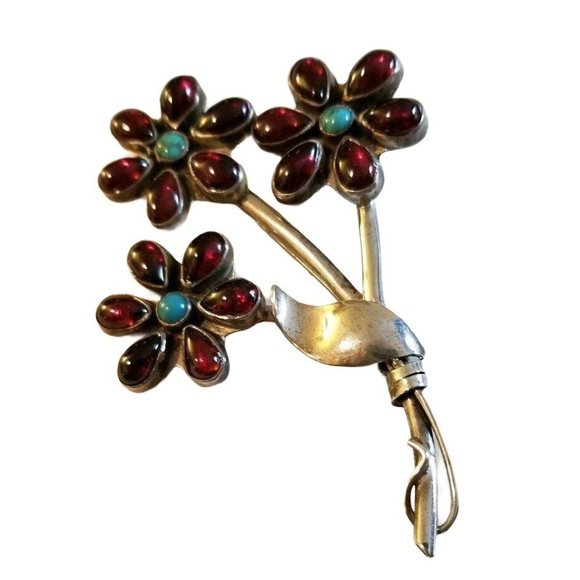 Artisan Brooch Sterling Silver Garnet Turquoise Flower Pin JS14 - Picture 7 of 10